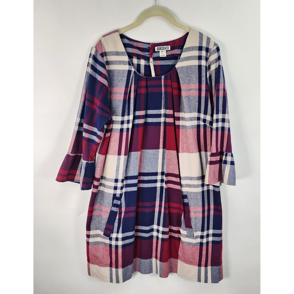 Quicksilver Flannel Dress Women's S Red Blue Plaid Swing Trendy Pleated Pockets